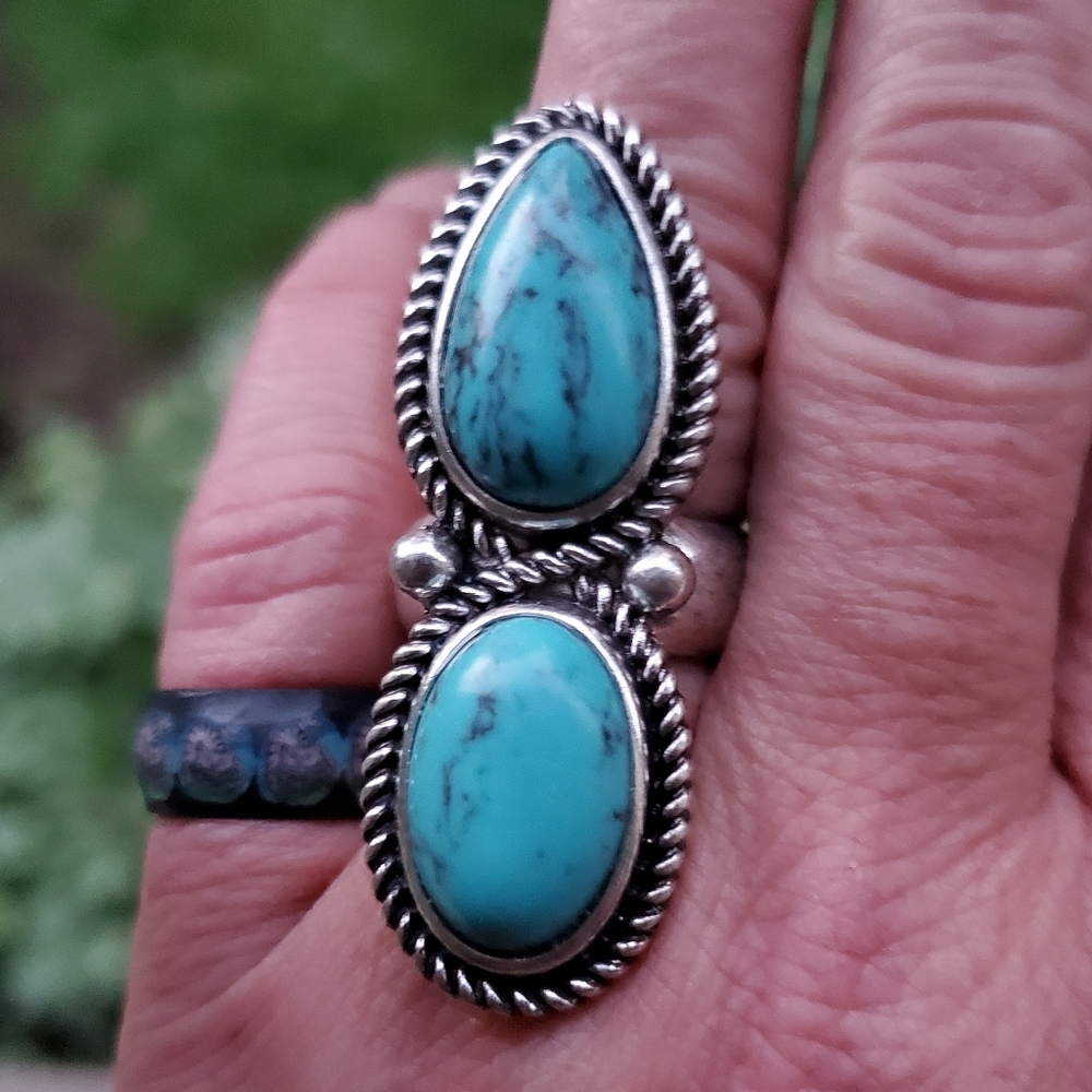 Free Spirit Boho South Western People Faux Turquoise Bead Dual Stone Ring